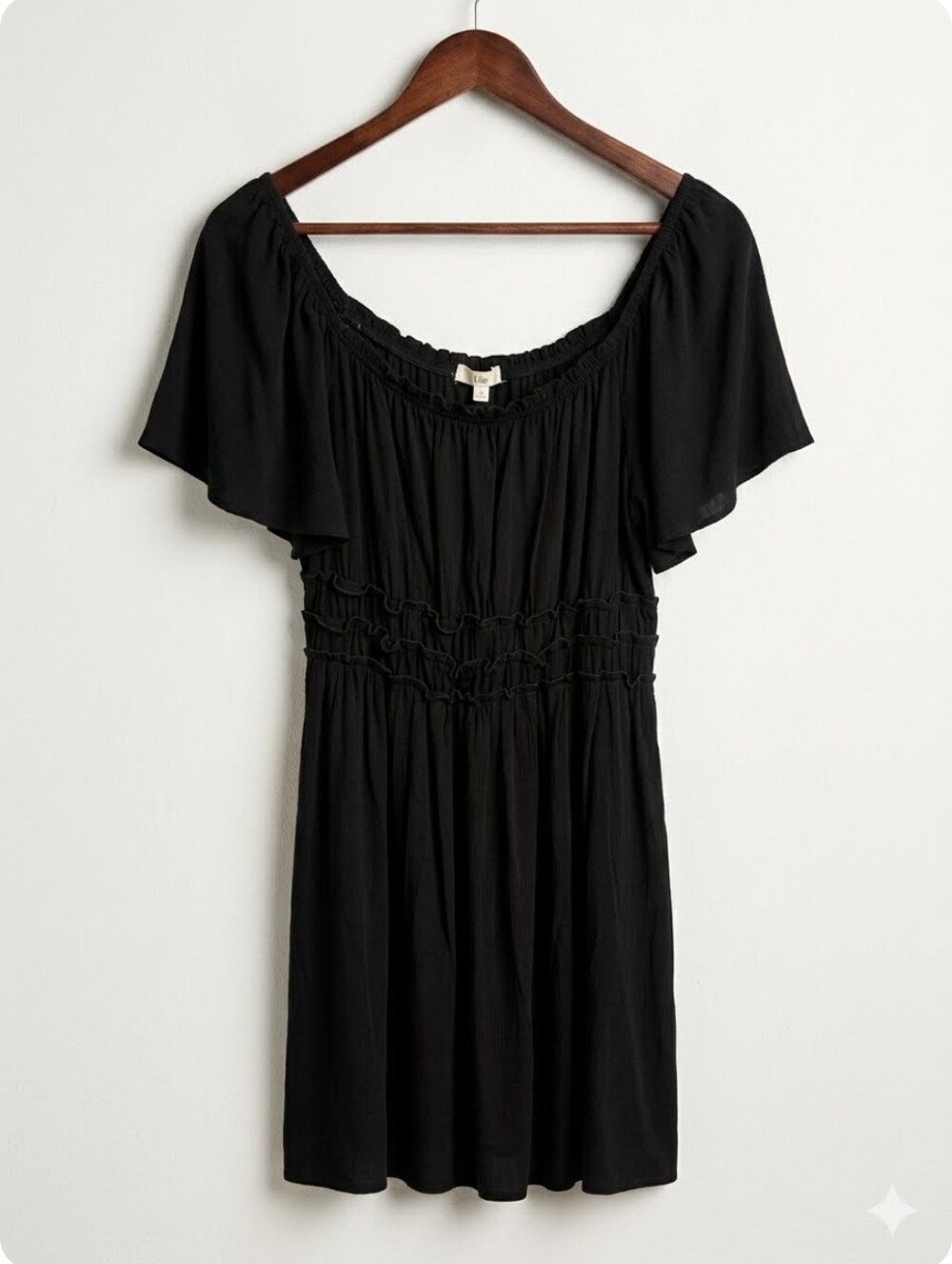 Rewind Black Off-Shoulder Smocked Mini Dress Elastic Waist Flowy Sleeves Size XL